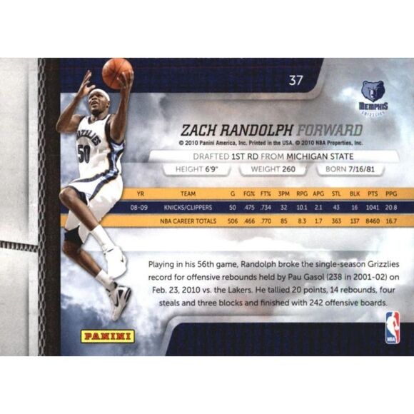 2009 Absolute Basketball Card - #37 Zach Randolph - Picture 2 of 2